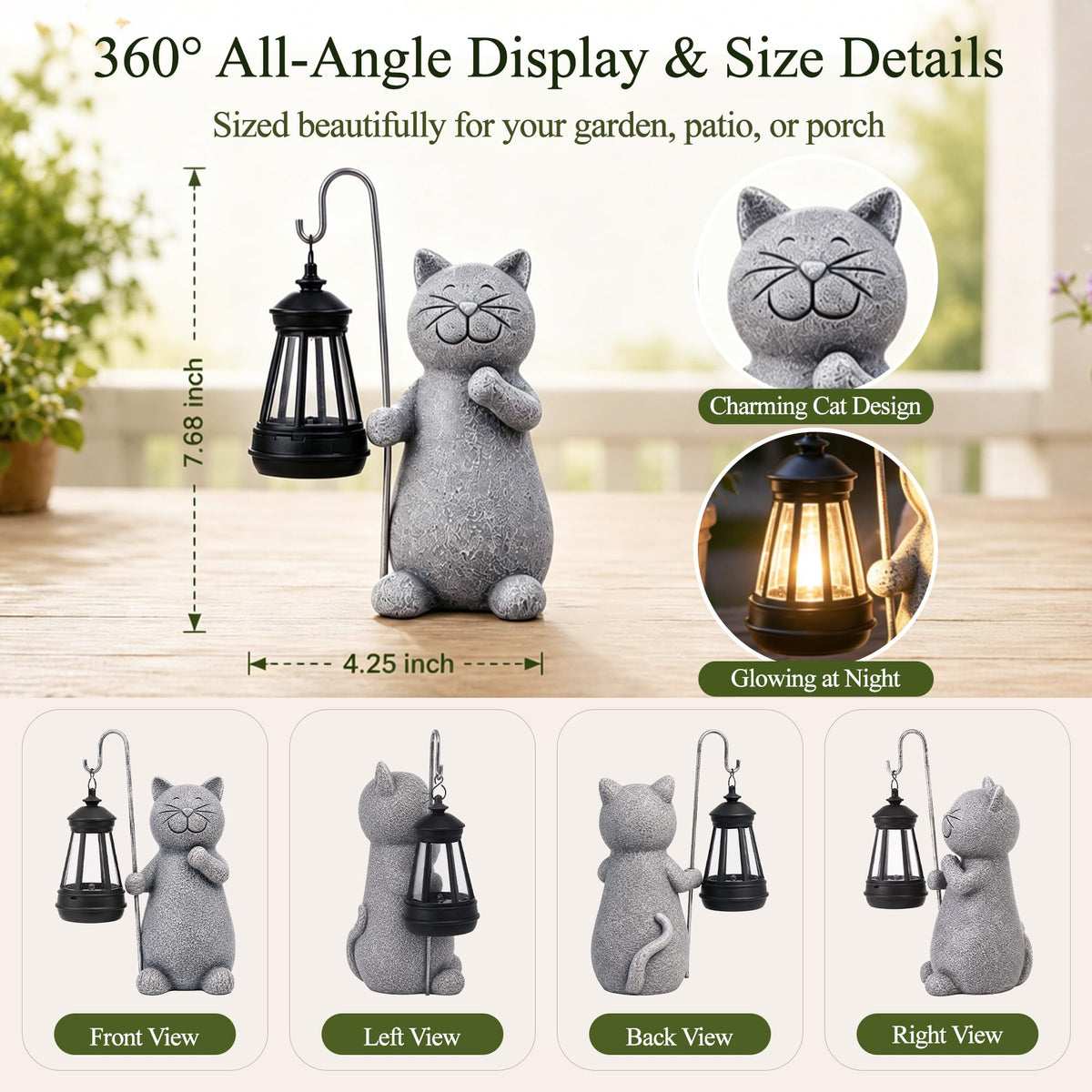 Qeeman Solar Cat Garden Statue with Lantern: Outdoor Decor
