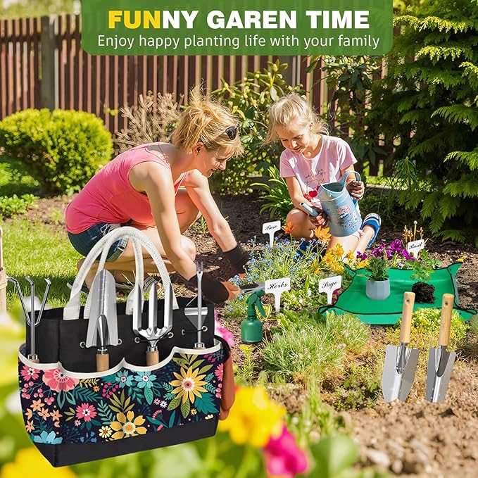 22Pcs Gardening Tools Set for Women Heavy Duty Garden Hand Tool Kit Gardener Gifts for Beginner Gardening Accessories with Tote Bag/Shovel/Repotting Mat/Plant Labels/Gloves-Black