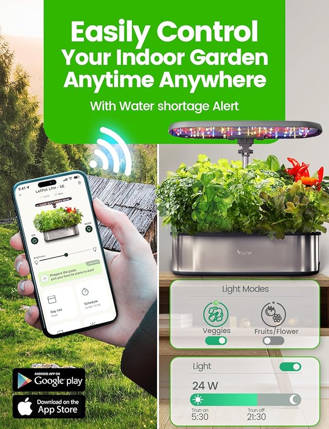 LetPot LPH-SE Hydroponics Growing System, 12 Pods Smart Herb Garden Kit Indoor, Indoor Garden, APP & WiFi Controlled, with 24W Growing LED, 5.5L Water Tank, Pump System, Automatic Timer