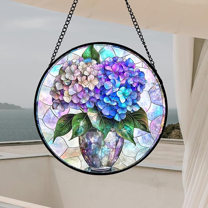 HWRHTR Stained Glass Window Hanging, Blue Purple Hydrangea Flowerpot Suncatcher for Doors Home Sun Catchers Decoration and Christmas, Mother's Day Birthday Gifts for Women, Men, and Mom 11.8 in