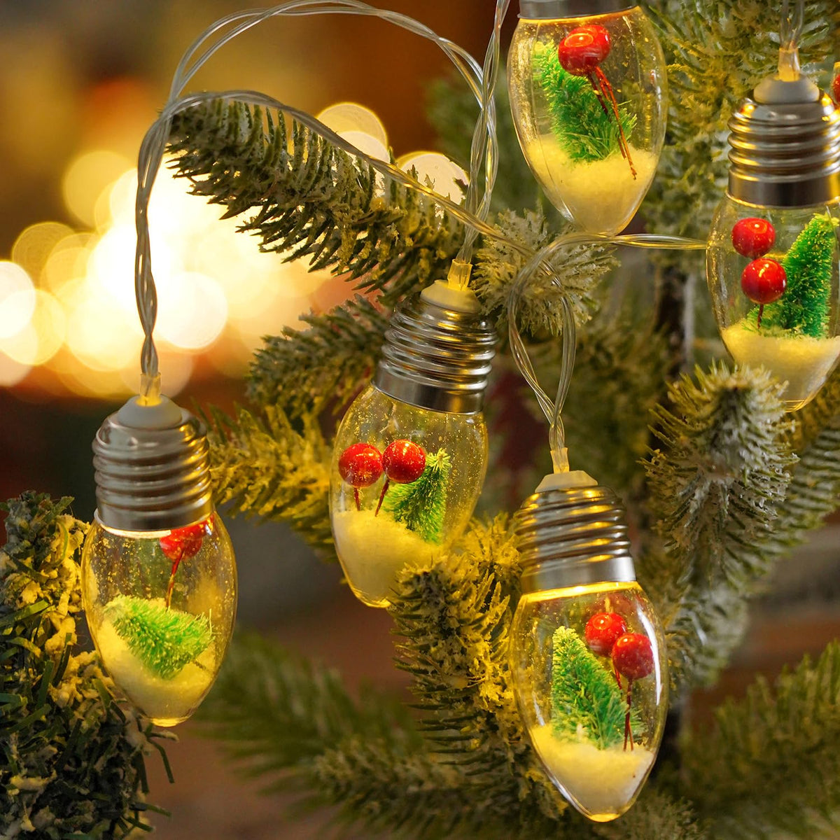 HFXXAD Christmas Snow Globe String Lights Indoor Decorations, 10 LED Clear Bulbs String Lights with Christmas Tree & Berry for Home Bedroom Fireplace Xmas Lights(6.6FT)