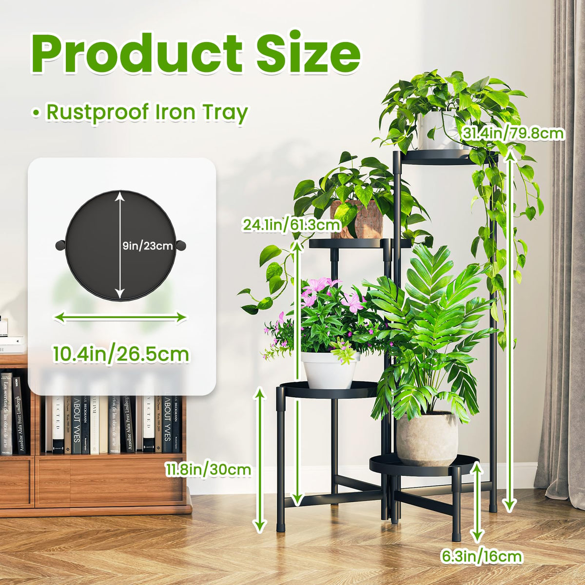 Plant Stand Indoor Outdoor, 4 Tier Metal Corner Shelf Black 9 in Wide
