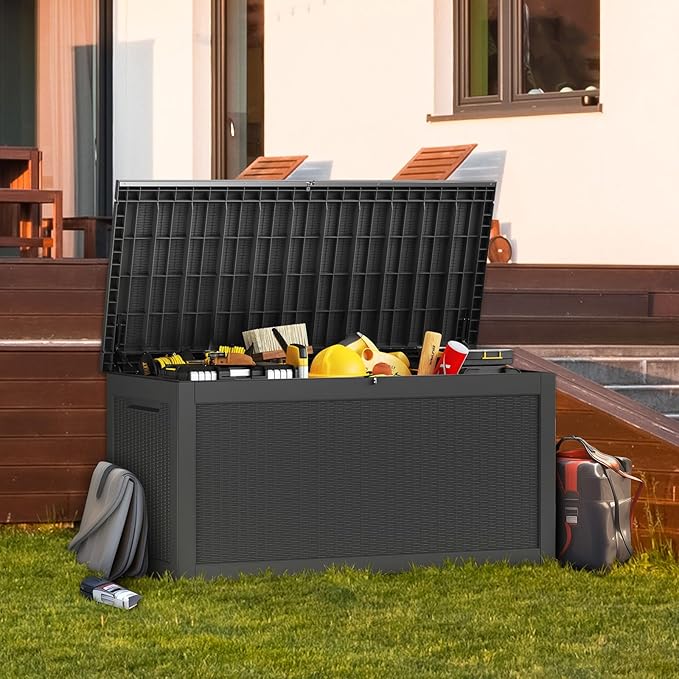 TARKARI 320 Gallon Lockable Resin Deck Box, Waterproof & UV-Resistant Outdoor Storage Box for Outdoor Cushion Storage, Garden Tools & Pool Accessories Storage, Black