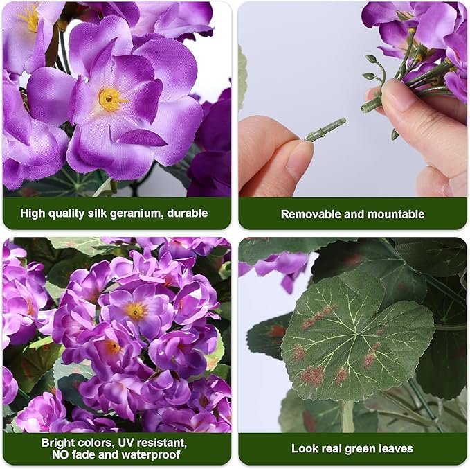 Artificial Geranium Fake Flowers for Outdoors Decoration, 6 Bundles Silk Geraniums Flower UV Resistant Look Real Faux Plants for Outside Planter Front Door Garden Patio Balcony Yard Home, Purple