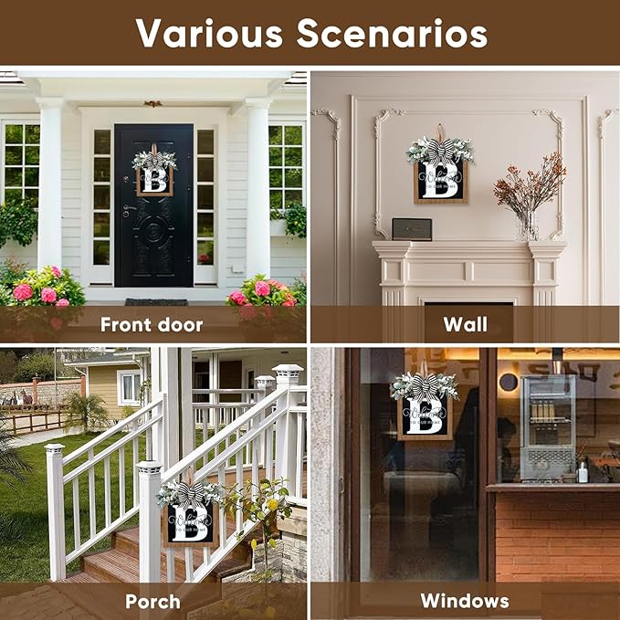 Ultra Large 14'' Last Name All Year Round Front Door Wreath with 26 Initial Letter Welcome Sign All Seasons Eucalyptus Garland and Bow Wreaths for Front Door Porch Farmhouse Decoration (B)