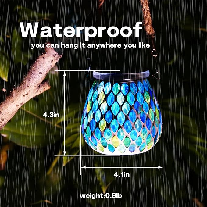 Mosaic Blue Solar Lanterns, Outdoor Glass Hanging Lights, Waterproof, Solar Table Lamps, Christmas Gifts for Women Mom Grandma, Night Lights, Decoration for Garden, Patio, Yard, Party, Outdoor Decor