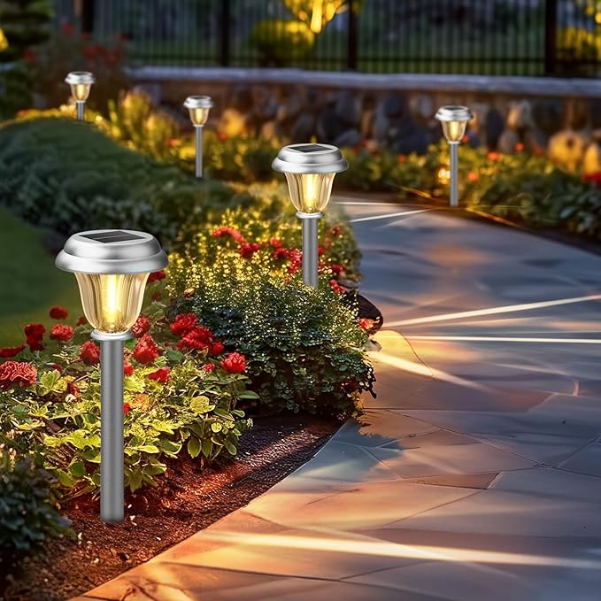 DERAYSION Solar Lights Outdoor Waterproof, Brushed Stainless Steel Glass Solar Pathway Lights, Auto On/Off Long-Lasting Outdoor Solar Lights for Garden, Landscape, Path, Yard 6 Pack