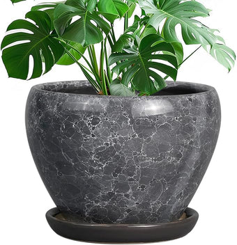 Ceramic Planters for Indoor Plants - 10 Inch Plant Pot with Drainage Hole and Saucer, Large Flower Pot for Home Decor, Gray