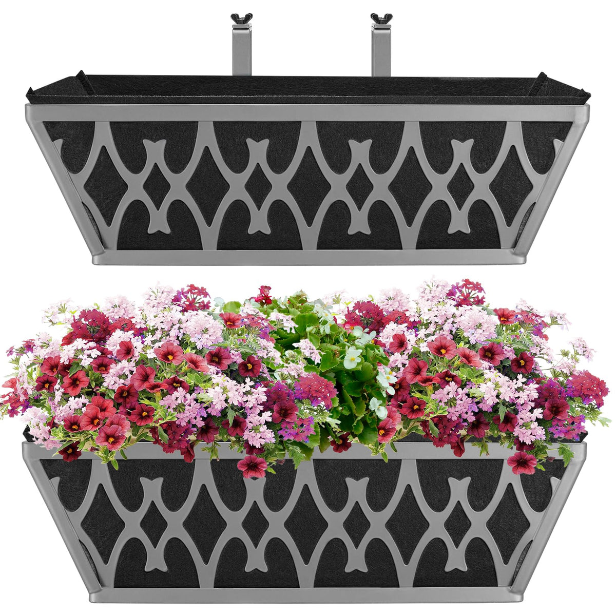 Karlliu 2 Pack 16 Inch Window Boxes Planters Railing Planter Box with Adjustable Brackets & Non-Woven Fabric Plant Grow Bags Deck Railing Planter Boxes Balcony Hanging Flower Box for Outdoor Plants