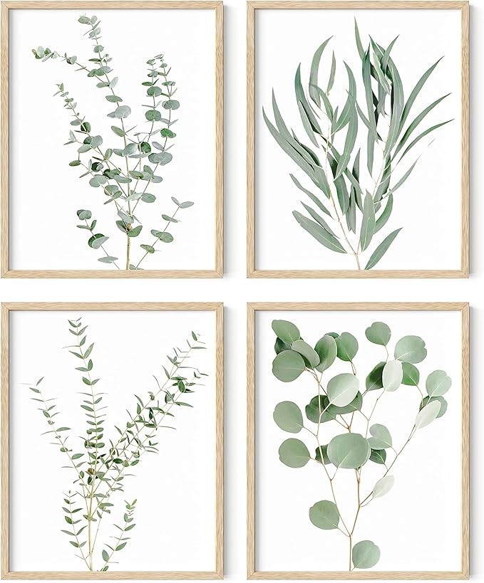 HAUS AND HUES Botanical Plant Wall Art - Set of 4 Prints, Floral Kitchen Decor, Boho Leaf Eucalyptus Wall Art, Green Botanical Poster (Beige Frame, 11x14)