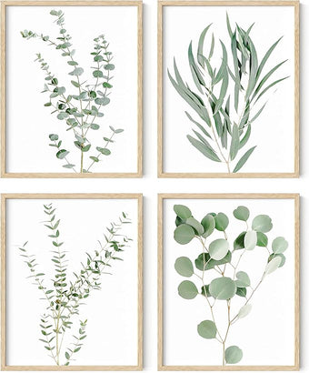 HAUS AND HUES Botanical Plant Wall Art - Set of 4 Prints, Floral Kitchen Decor, Boho Leaf Eucalyptus Wall Art, Green Botanical Poster (Beige Frame, 11x14)