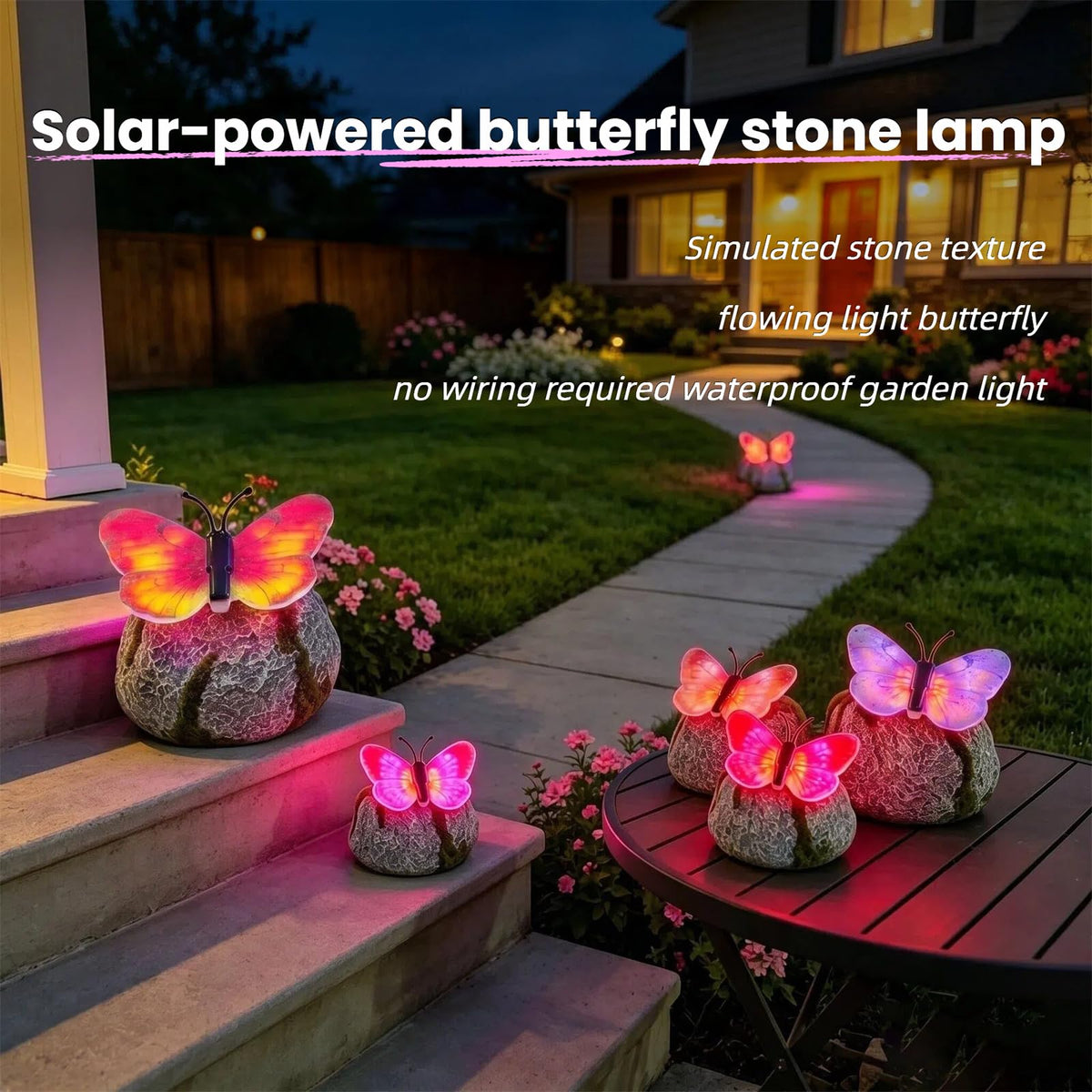 Solar Illuminated Butterfly Stone Garden Light, LED Butterfly Garden Statue with Sparkling Light-Up Wings, Glowing Landscape Rock Figurine Lamp for Flower Bed,Patio,Yard Decor Gift (Green+Purple)