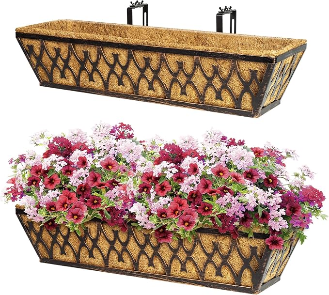 Window Boxes Planters: 2 Pack 24 Inch Railing Planter Box with Adjustable Brackets for Porch Fence Patio Balcony Hanging Flower Baskets with Coco Liners for Outdoor Garden Decor - Bronze