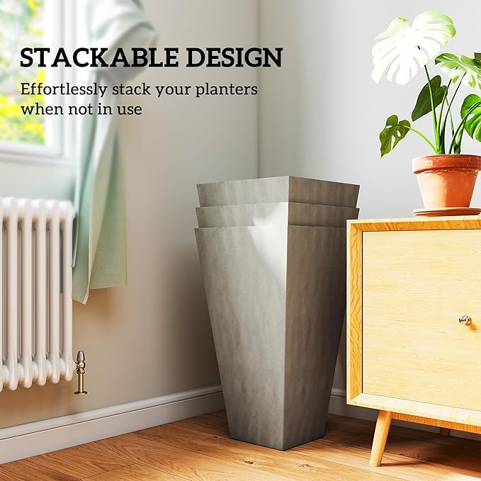 Outsunny Tall Planters for Outdoor Plants Set of 3, 28 in Taper Planters with Drainage Holes, Indoor Grande Plant Pots, Front Porch Decor, Grey