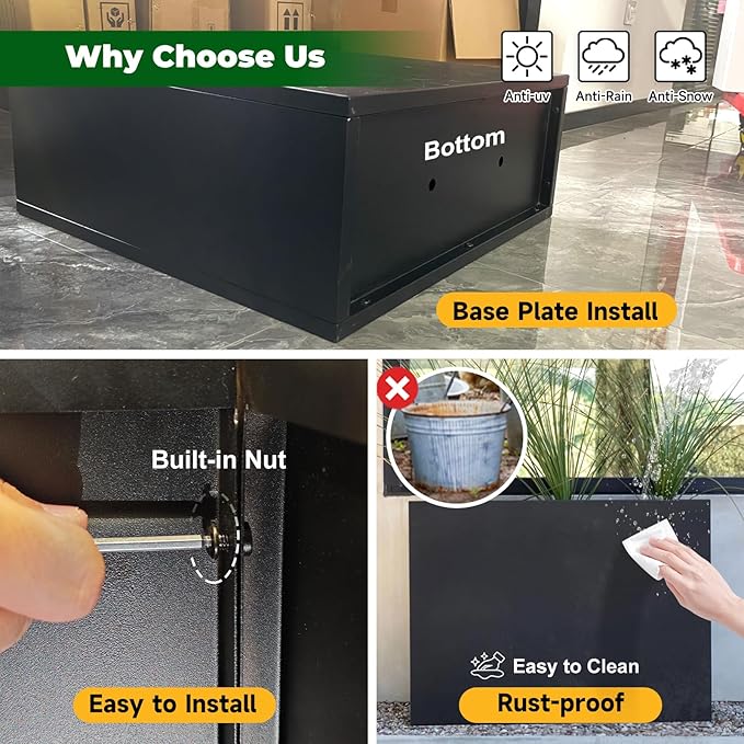 GZLVSOW Black Steel Metallic Heavy Planter 30" x 12" x 24" for Outdoor Plants Metal Long Outdoor Planter Spliced Flower Box with Partitions for Outside,Indoor,Garden (Black, 30 * 12 * 24)