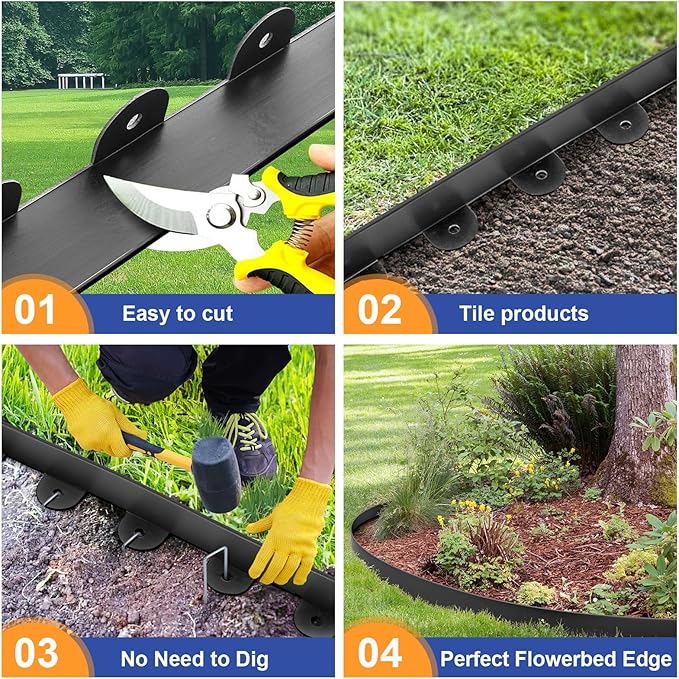 Landscape Edging, 1.5" x 100' Plastic Garden Edging with 120 Pcs Metal Spikes, Flexible Garden Border for Lawn, Landscaping, Flower Beds
