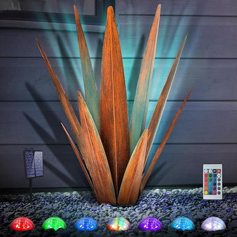 KODIBO Large Tequila Rustic Sculpture, Rustic Metal Agave Plants for Outdoor, Metal Agave Garden Yard Statue, Outdoor Lawn Ornaments Yard Stakes (Rusty - L (W/Solar Light))
