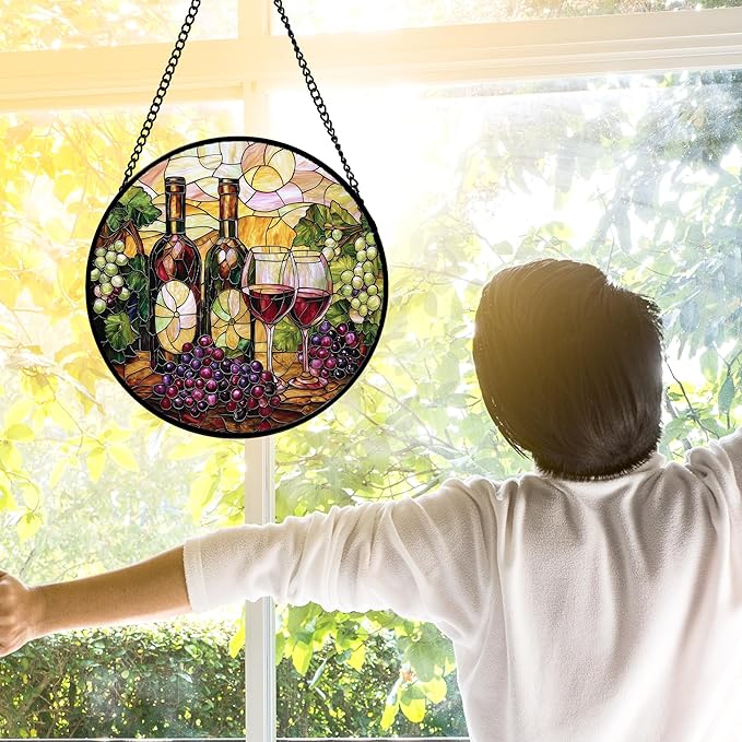 Stained Glass Window Hanging, Grapes and Wine Suncatcher Diamond Glass Panel Hangings Sun Catchers Decor for Birthday for Women, Men, Wife, Aunt, and Mom 9.8 in