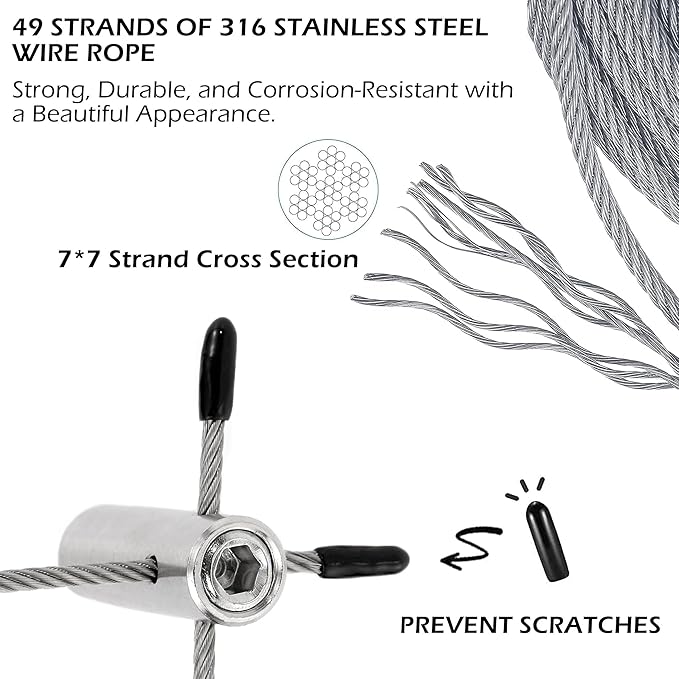 Acemaker Wire Trellis for Climbing Plants Outdoor, 20-Set Wall Wire Trellis Kit with 1/8in x 98ft Stainless Steel Cable & Cutter, T316 Cylindrical Espalier System for Fence and Garden DIY Projects