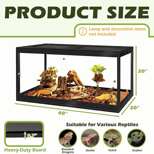 Prolee Tempered Glass Bearded Dragon Tank 28 Gallon,Reptile Encloure and Snake Tank with Metal Mesh Roof Door,Locking Design Reptile Tank for Lizard,Gecko,Chameleon (Black, 63 Gallon (40x20x20 Inch))