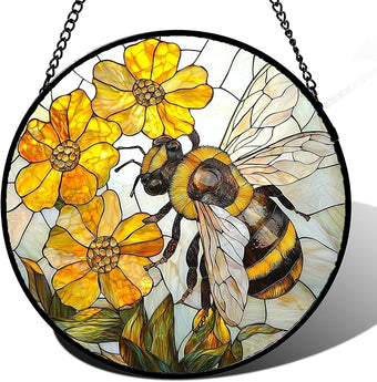 Stained Glass Window Hanging - Yellow Bees Gathering Flowers Sun Catcher for Door Garden Home Decor Cute Suncatcher Christmas Mother's Day Birthday Gifts for Women Men Mom Nana 9.8 in