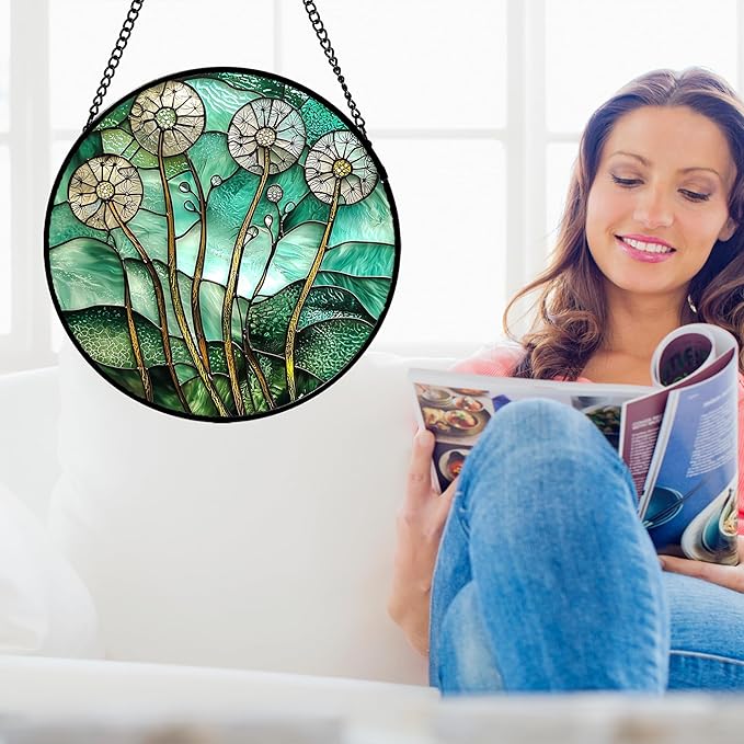 AMDERVEN Stained Glass Window Hanging, Green Abstract Lotus Leaves Tree Sun Catcher for Window Door Home Decor Plant Suncatcher Christmas Mother's Day Birthday Gifts for Women Men Mom Nana 7.8 in