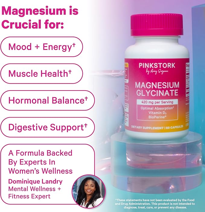 Pink Stork Magnesium Glycinate with Vitamin D - Magnesium Supplement for Women to Support Natural Calm, Mood, and Sleep - Hormone Balance for Women - 60 Capsules, Berry Essence, 1 Month Supply