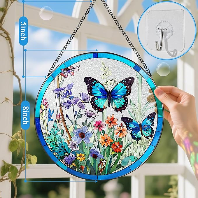 Stained Glass Window Hanging, 8 Inch Butterfly Sun Catchers Indoor Window, Suncatchers for Windows Hanging, Home Decoration and Christmas, Festival, Mother's Day, Birthday, Gifts for Women, Mom