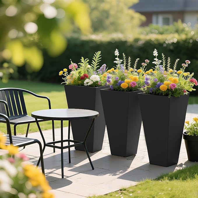 Outsunny Tall Planters for Outdoor Plants Set of 3, 28 in Taper Planters with Drainage Holes, Indoor Grande Plant Pots, Front Porch Decor (Black)