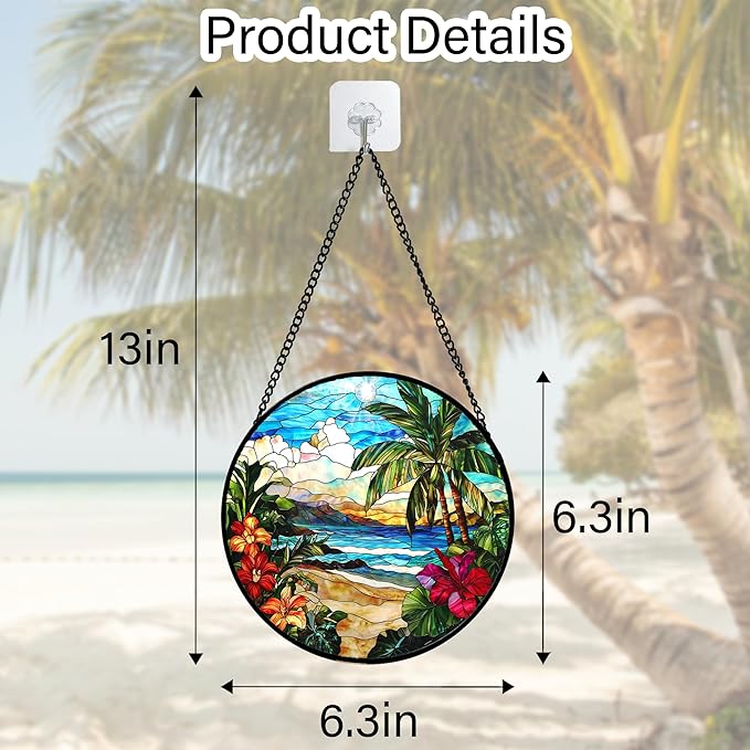 Stained Glass Window Hanging, Blue Beach Scenery Suncatcher Diamond Glass Panel Hangings Sun Catchers Decor for Birthday for Women, Men, Wife, Aunt, and Mom 6.3 in