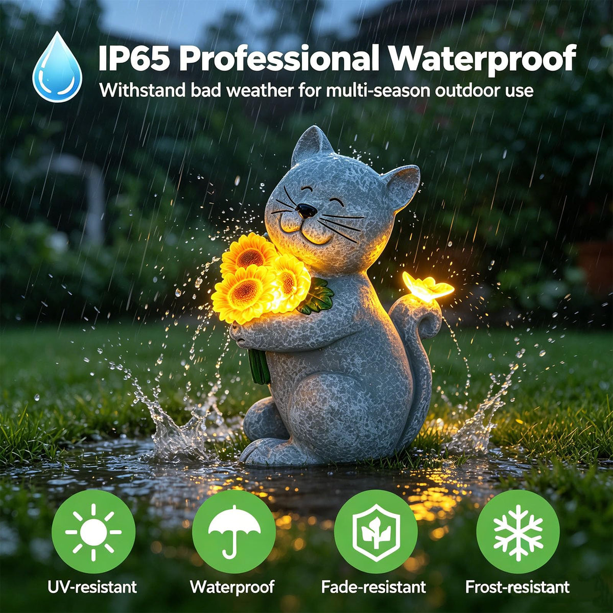 Solar Cat Garden Statue with Sunflowers - LED Light Up Outdoor Resin Cat Figurine with Butterfly, Waterproof Decor for Yard Patio Lawn, Unique Housewarming Birthday Gift for Mom Grandma Dad Cat Lovers