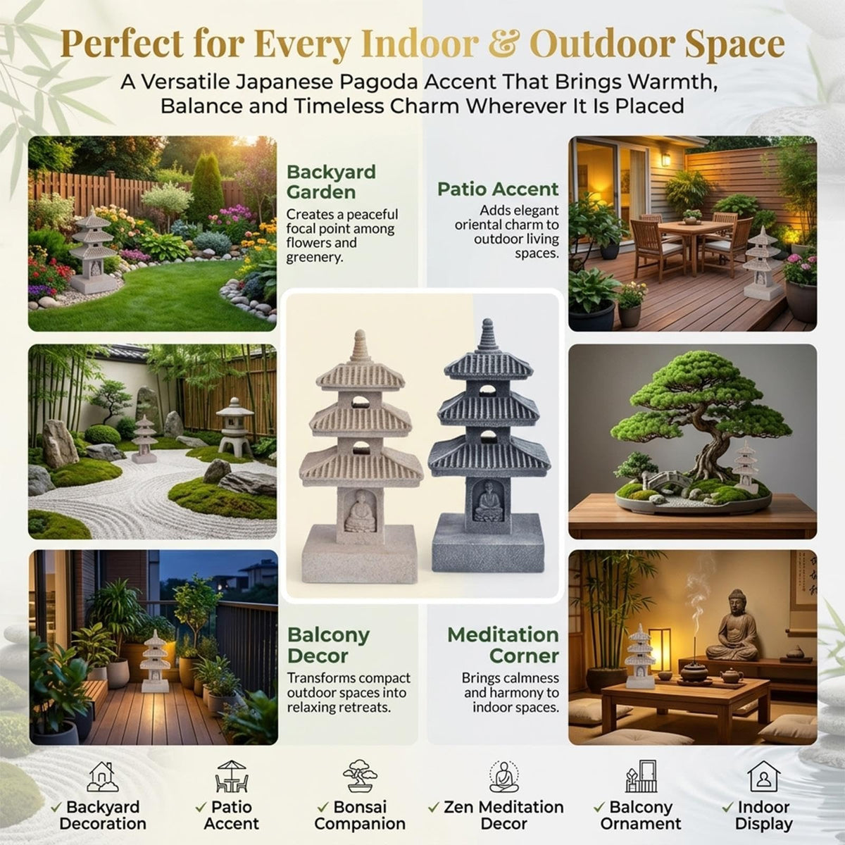 Asian Solar Zen Pagoda Garden Statue, Lawn Ornaments Indoor Outdoor Decor