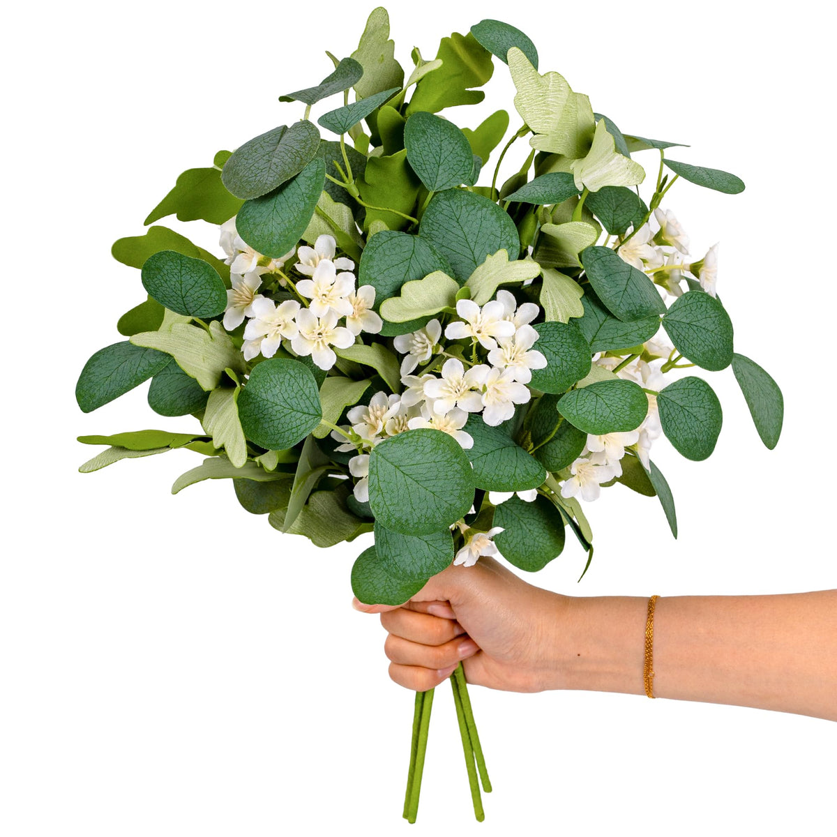 YUGALI 4Pcs 16" Artificial Eucalyptus & White Cherry Blossom Stems