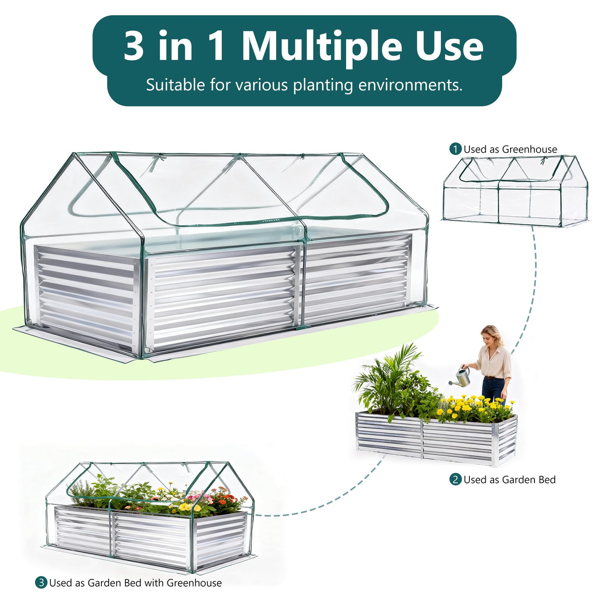 DUMOS Galvanized Raised Garden Bed with Cover, Clear, 6x3x2ft