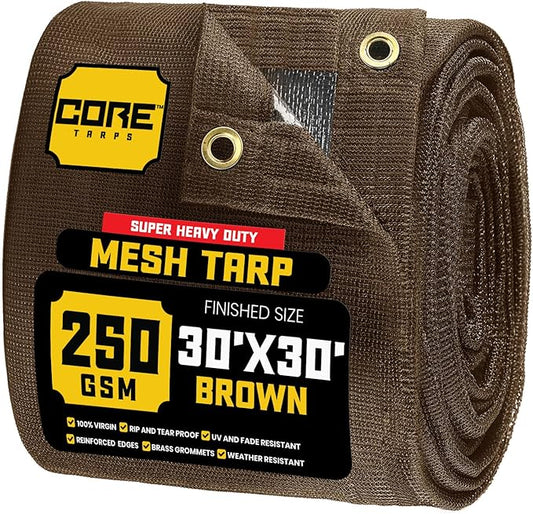 Core Tarps 60% Brown Shade Cloth with Grommets - 30 X 30 FT Heavy Duty Mesh Tarp - Sun Shade Cloth for Garden Vegetables Plants Greenhouse Outdoors Backyard Fences Dump Trucks Patio Mesh Shade Tarp