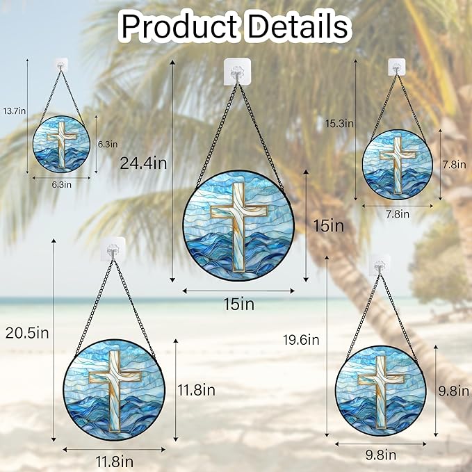 JOSUMALY Christian Gifts for Women - Blue Cross Stained Glass Window Hanging Jesus Easter Ocean Waves Sun Catcher Garden Religion Decor Mother's Day Catholic Gift for Men Grandma Mom Her Nana 9.8"