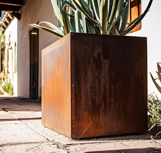 DIY CARTEL Corten Steel Cube Outdoor Planter Box, Rustic & Modern Farmhouse Design, Large Raised Metal Garden Bed for Commercial & Residential Use