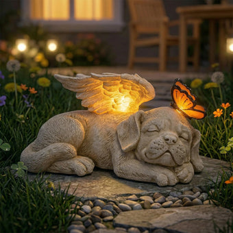 Sleeping Dog Angel Statue with Solar Light, Dog Memorial Garden Statue