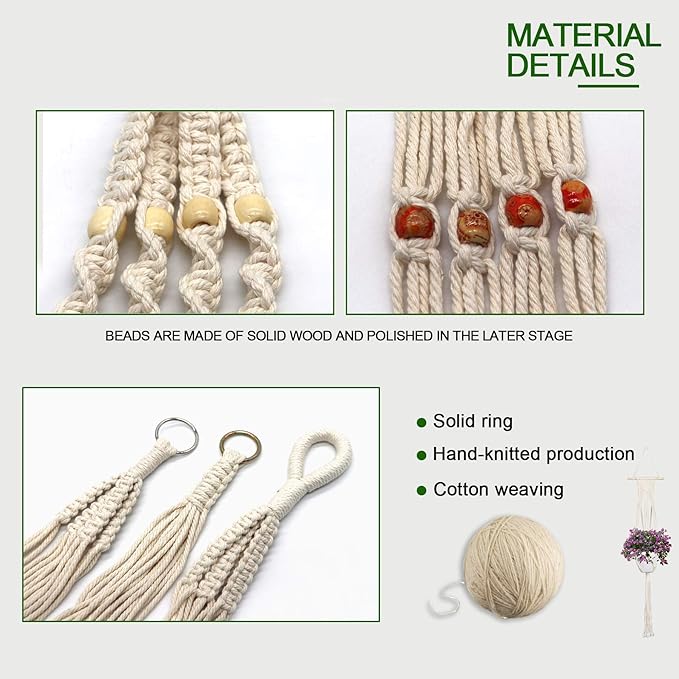 IGaiety Macrame Plant Hanger 5 Pcs Indoor Outdoor Hanging Plant Holders Handmade Plant Hangers Cotton Rope Planters with 5 Pcs Ceiling and S Hooks for Small Plants Pots Boho Home Decor