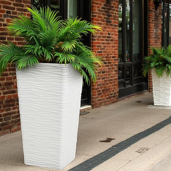 Worth Garden 22" Tall Planters Set of 2 - Plastic White Square Plant Pots - Modern Big Tapered Matte Wavy Tree Flower Pot for Indoor Outdoor Porch Deck