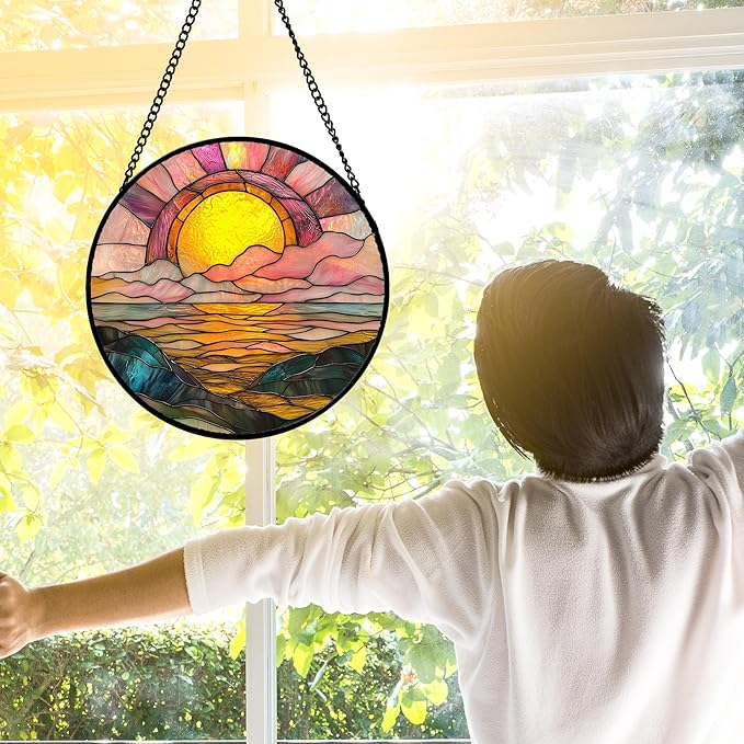 DASTOLL Stained Glass Window Hanging, Sunrise Over The Sea Suncatcher Diamond Glass Panel Hangings Abstract Sun Catchers Decor for Birthday for Women, Men, Wife, Aunt, and Mom 11.8 in