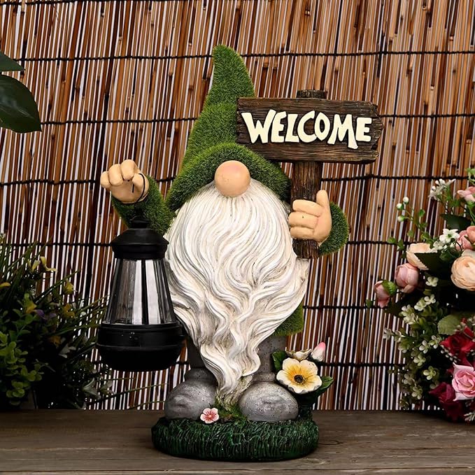 Garden Gnome Statue Outdoor Decor Large Flocked Resin Gnome Figurine with Solar Light Holding Lantern Welcome Sign Garden Yard Decorations Dwarf Sculpture for Outside Patio Porch Lawn Decor.