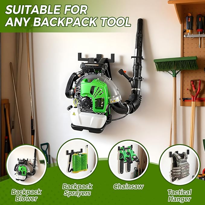 Backpack Leaf Blower Hanger with Hose Holder,Heary Duty Backpack Blower Sprayer Rack,Backpack Blower Wall Mount,Backpack Hanger for Weed Eater,Hedge Trimmer,Chain Saw,Garage Organizer Storage(1 PCS)