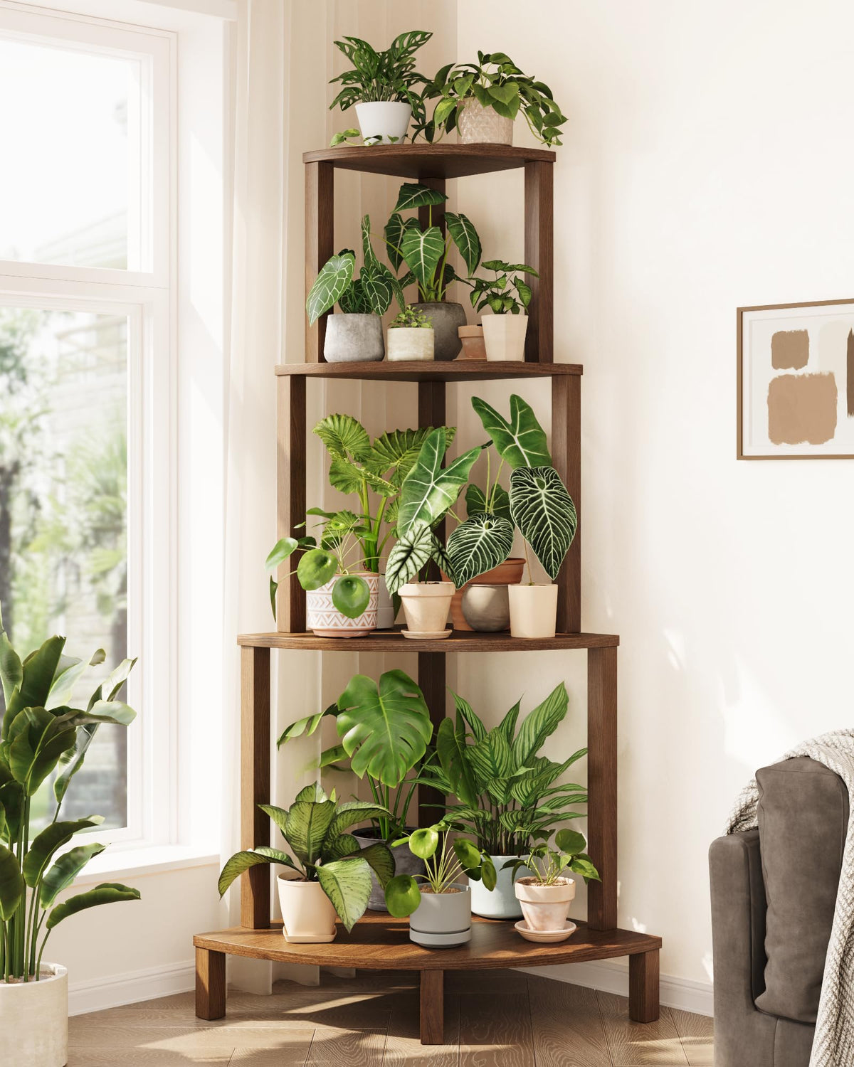 Bamworld Corner Plant Shelf 4-Tier Plant Stand Indoor Wood Plant Rack