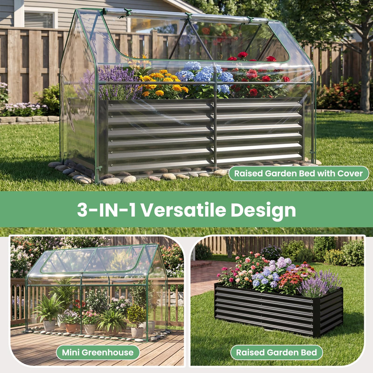 HAPPYGRILL Raised Garden Bed with Cover & 2 Roll-up Windows