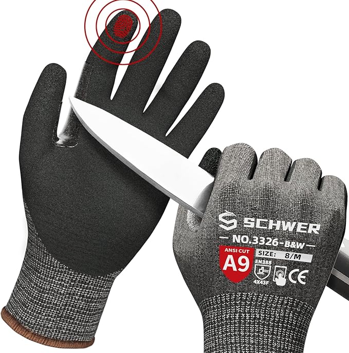 Schwer ProGuard Highest Level Cut Resistant Work Gloves PR3326 for Extreme Protection，ANSI A9 Cut Gloves with Reinforced Thumb, Non Slip, Breathable, Durable, Touch-screen, Non PFAS, Black 1 Pair（M）