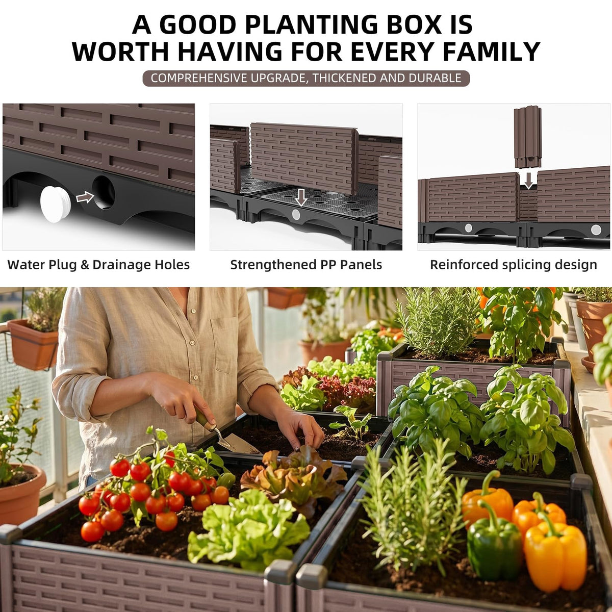 Growchum Modular Raised Garden Bed Kit – DIY Stackable Plant Stand with Self-Watering, 47.24"x15.75"x14.17" Brown Plastic Planter for Herbs, Veggies & Flowers, Includes Vertical Trellis System