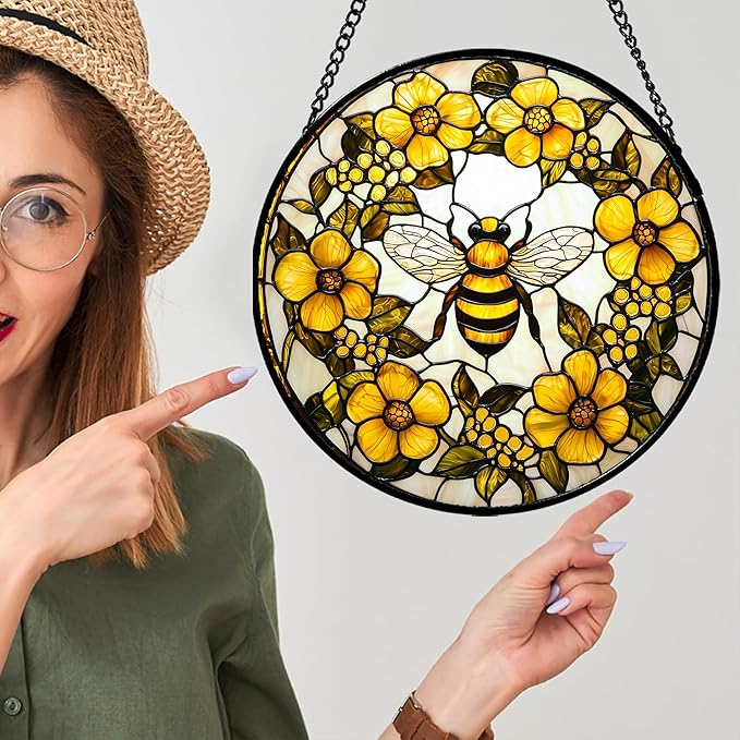 Stained Glass Window Hanging - Yellow Flowers Surrounded by Bees Sun Catcher for Door Garden Home Decor Cute Suncatcher Christmas Mother's Day Birthday Gifts for Women Men Mom Nana 7.8 in