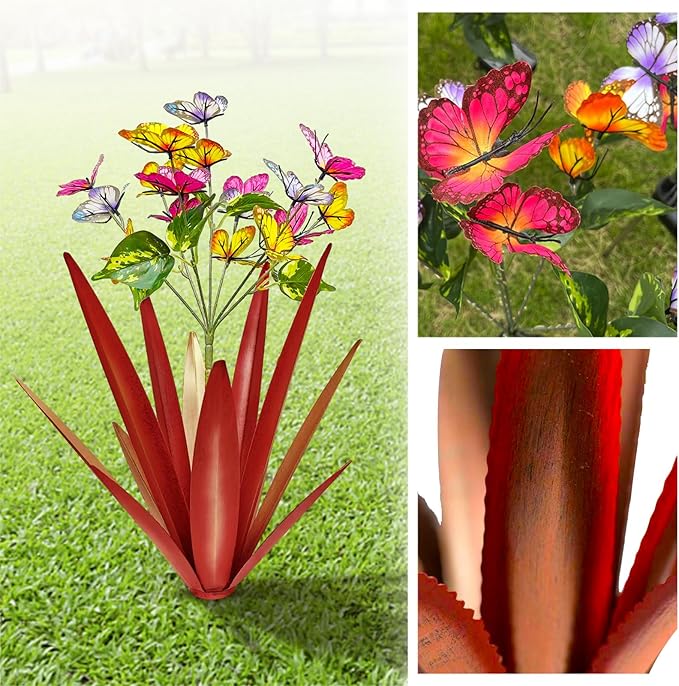 TOMBABY Garden Outdoor Butterfly Enlarge Thickened Wind Resistant Metal Agave Garden Art Metal Plant Country Sculpture Statue Decorations Ornaments Artificial Waterproof Butterflies(red 3pcs)
