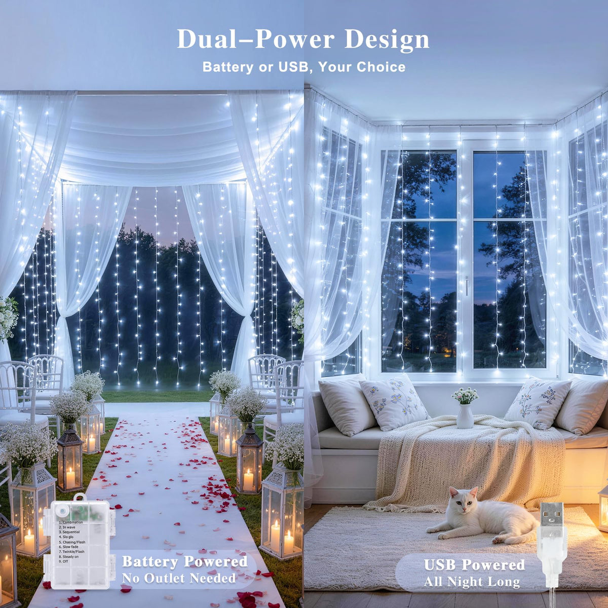 JMEXSUSS 200 LED Curtain Lights Battery Operated & USB Plug in